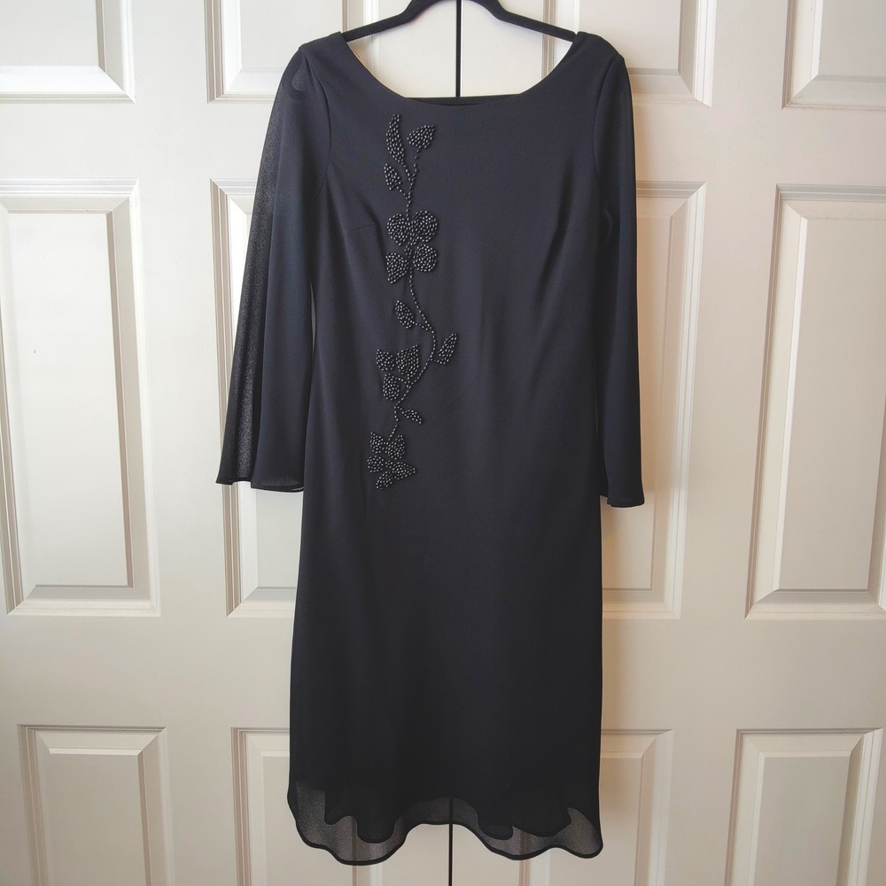 Vintage Black‎ Beaded Shift Dress Sheer Bell Sleeve Witchy Whimsigoth Goth 14P